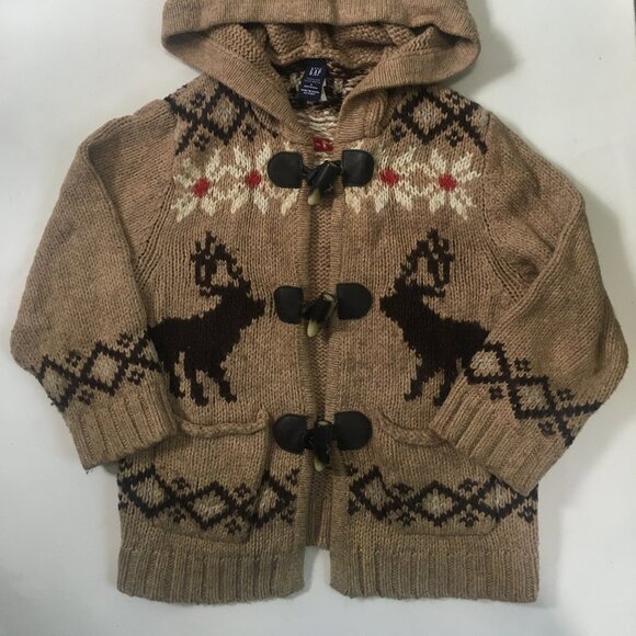 Baby Gap Button Up Knit Sweater Pockets Hooded Reindeer Moose Sz 3 Unisex Beige - Picture 2 of 15